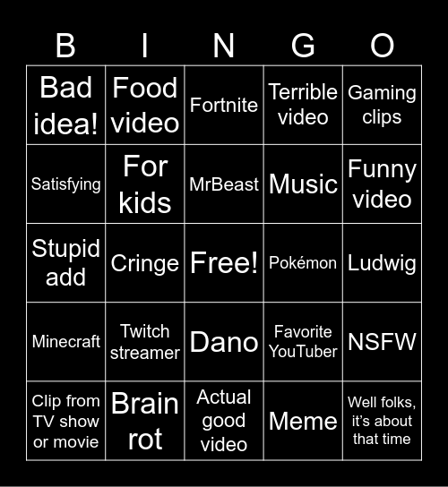 YT Shorts Bingo Card