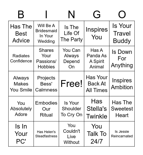 Name Of A Sister Who Bingo Card