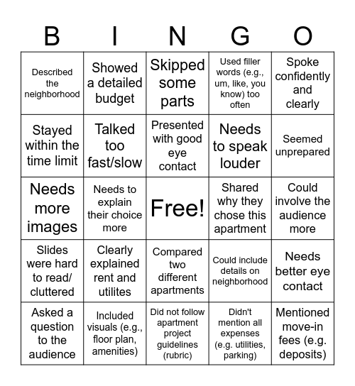 Apartment Pitch Bingo Card