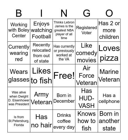 Center of Hope Veteran Group Meeting Bingo Card