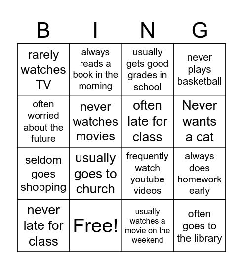 Frequency Adverb Bingo Card