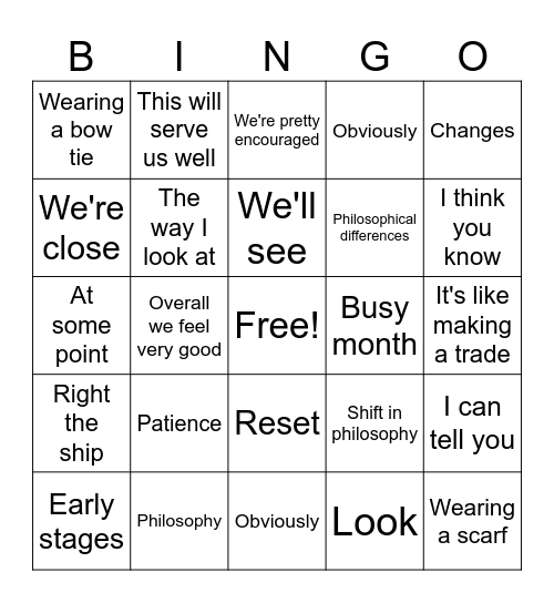 Cardinals Press Conference Bingo Card