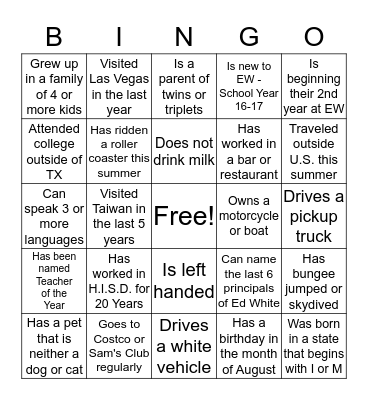 ED WHITE ELEMENTARY Bingo Card