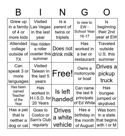 ED WHITE ELEMENTARY Bingo Card