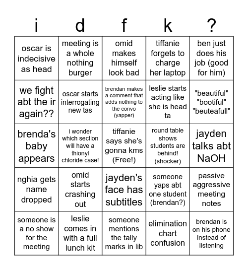 ta meeting Bingo Card