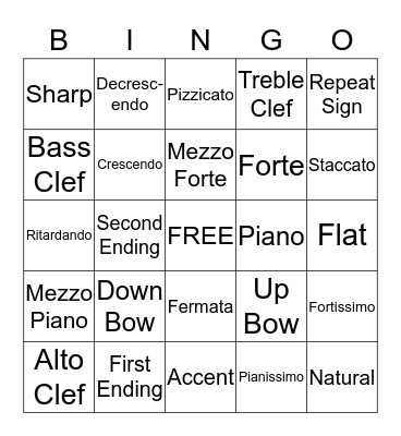 Musical Symbol Bingo Card