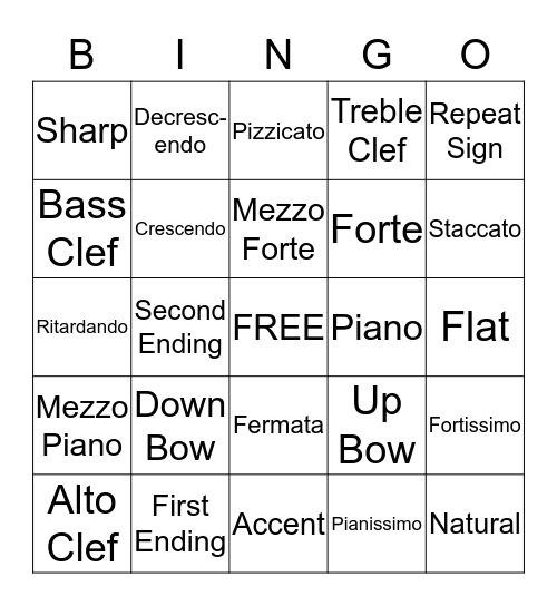 Musical Symbol Bingo Card