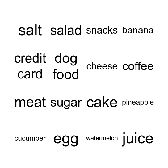 supermarket Bingo Card