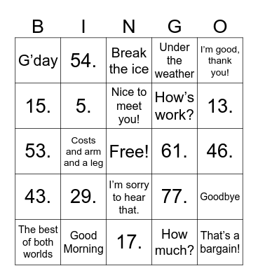 English Phrases/Idioms Bingo Card