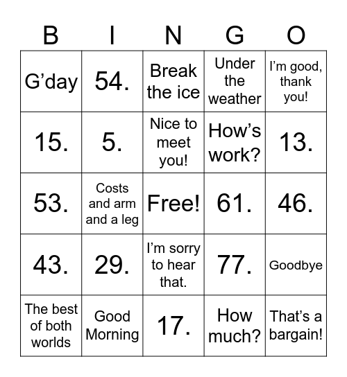 English Phrases/Idioms Bingo Card