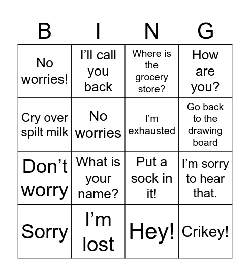 English Phrases/Idioms Bingo Card