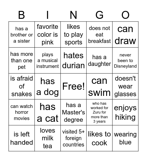 Get to know you Bingo Card