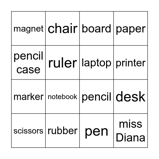 Classroom objects Bingo Card