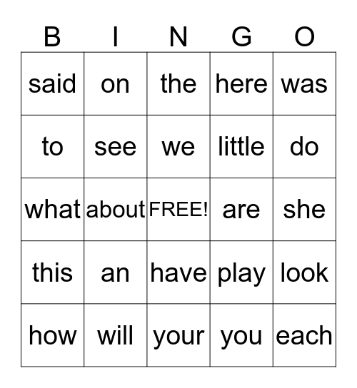 Go Sight Words Go! Bingo Card