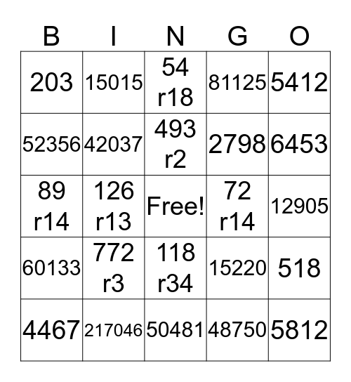 Math Review Skills Bingo Card