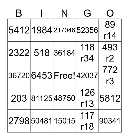 Math Review Skills Bingo Card