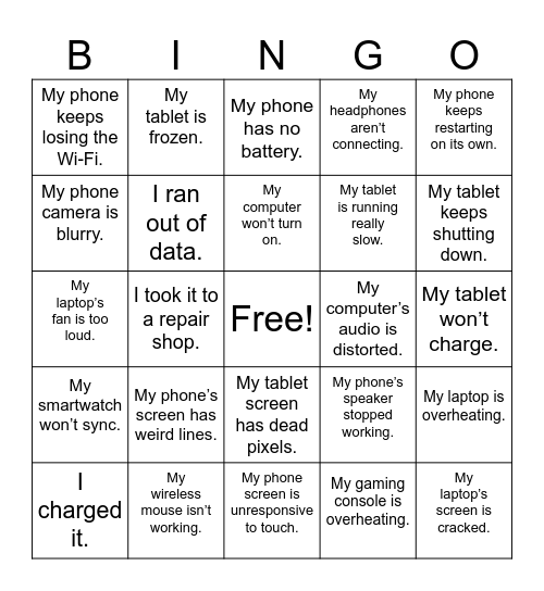 Broken Electronics Bingo Card