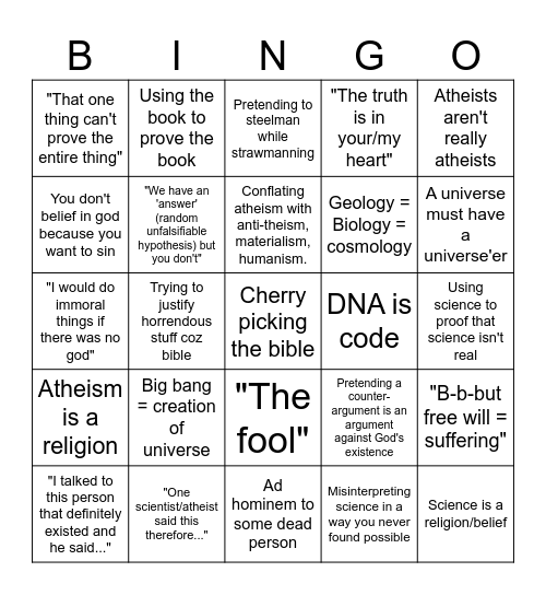 Apologist bingo Card