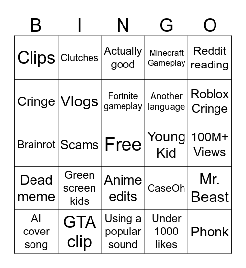 YouTube Shorts BINGO Card