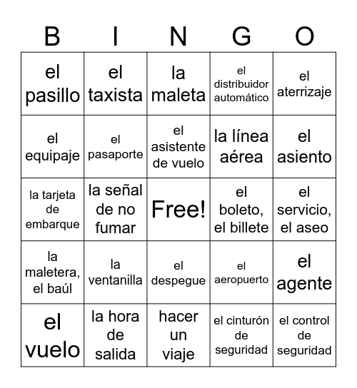 Spanish 2, List 4 (airport) Bingo Card