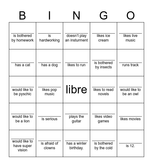 Special Person Bingo Card