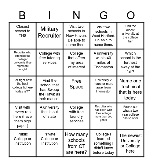 College Fair Bingo Card