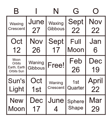 Lunar Cycle Bingo Card