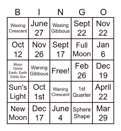 Lunar Cycle Bingo Card