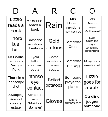 Pride and Prejudice Bingo Card