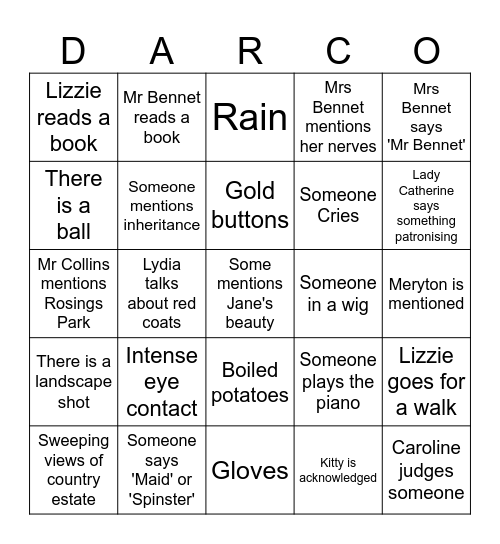 Pride and Prejudice Bingo Card