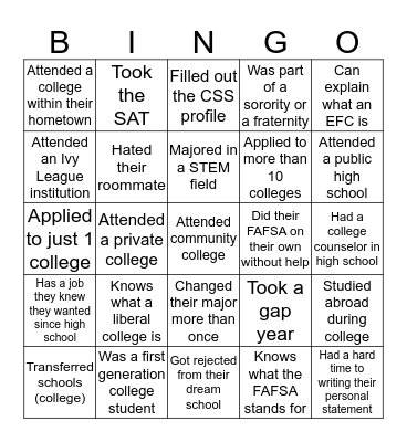 College Knowledge Bingo Card