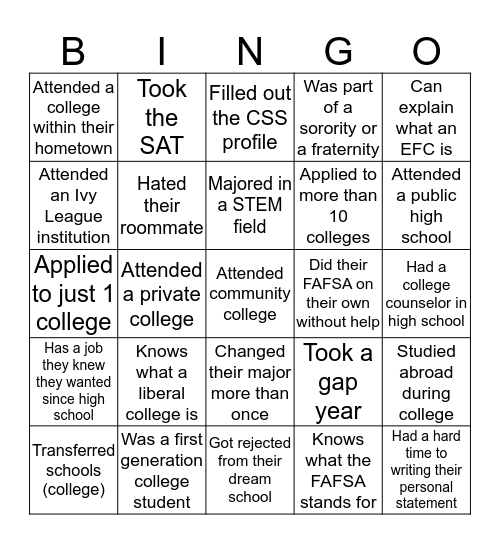 College Knowledge Bingo Card