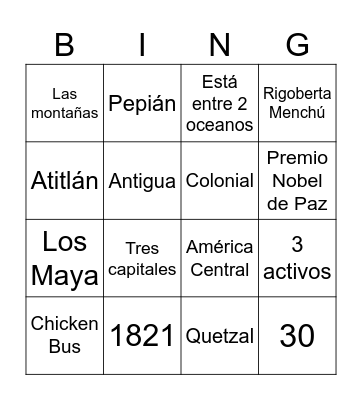 Todo Sobre Guatemala Bingo Card
