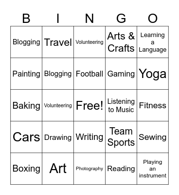 Hobbies and interests bingo card Bingo Card
