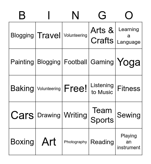 Hobbies and interests bingo card Bingo Card