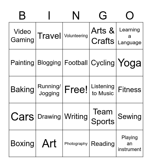 Hobbies and interests bingo card Bingo Card