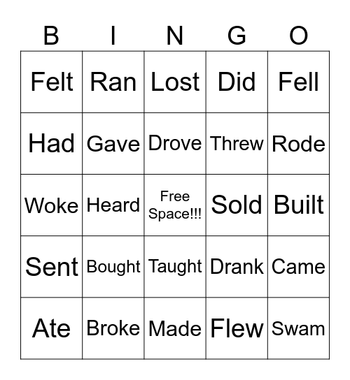 Irregular Verb Bingo Card