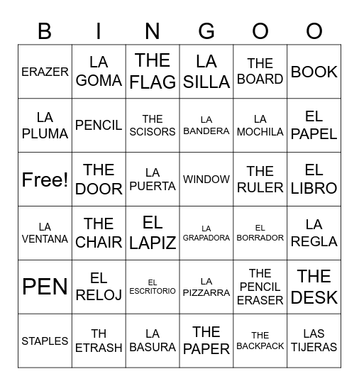 LOS UTILES ESCOLARES Bingo Card