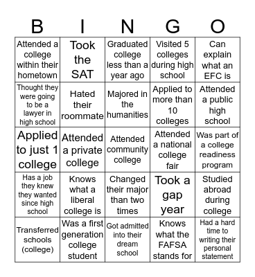 College Knowledge Bingo Card