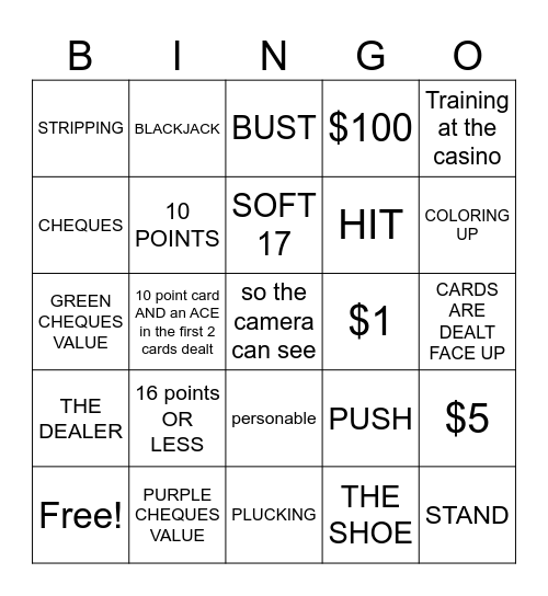 BlackJack Dealer Bingo Card