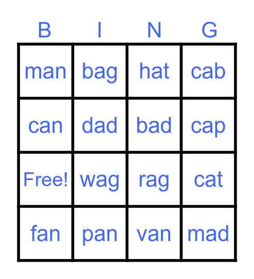 CVC Short a sound Bingo Card