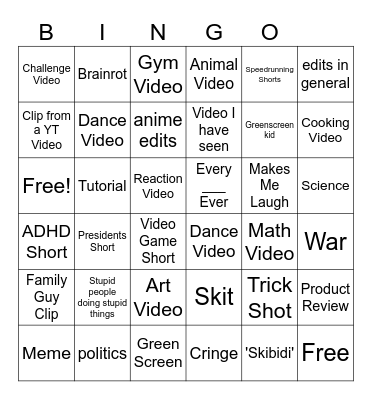 YT Shorts Bingo Card