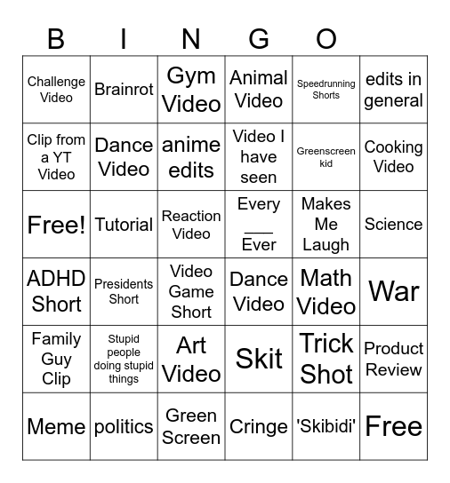 YT Shorts Bingo Card