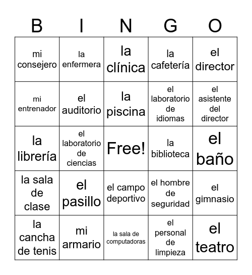 Los lugares y las profesiones en la escuela Bingo Card