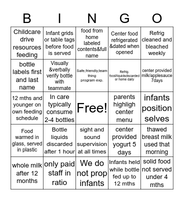 ncdp infant feeding bingo Card