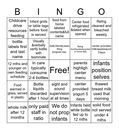 ncdp infant feeding bingo Card