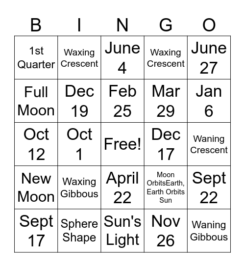 Lunar Cycle Bingo Card