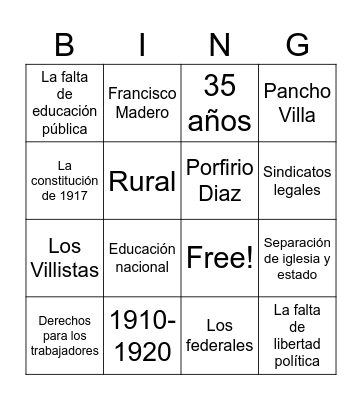 Revolución Mexicana Bingo Card