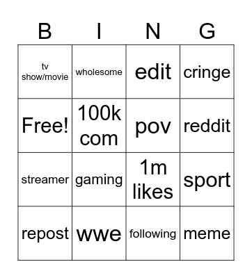 tiktok Bingo Card