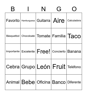 Spanish Cognates Bingo Card